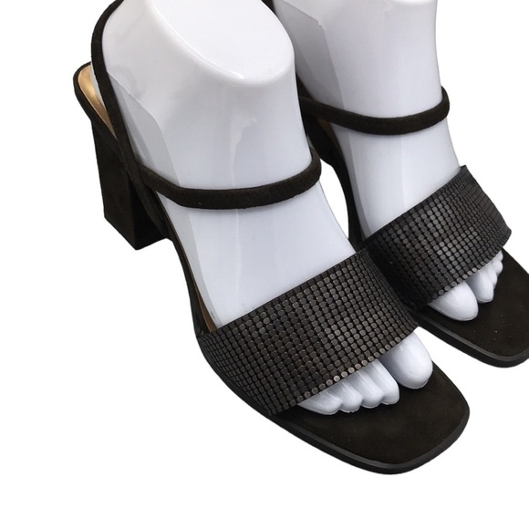 Ann Marino Precious Metal & Suede Chunky Heel Open Toe Size 8 New - Picture 2 of 13